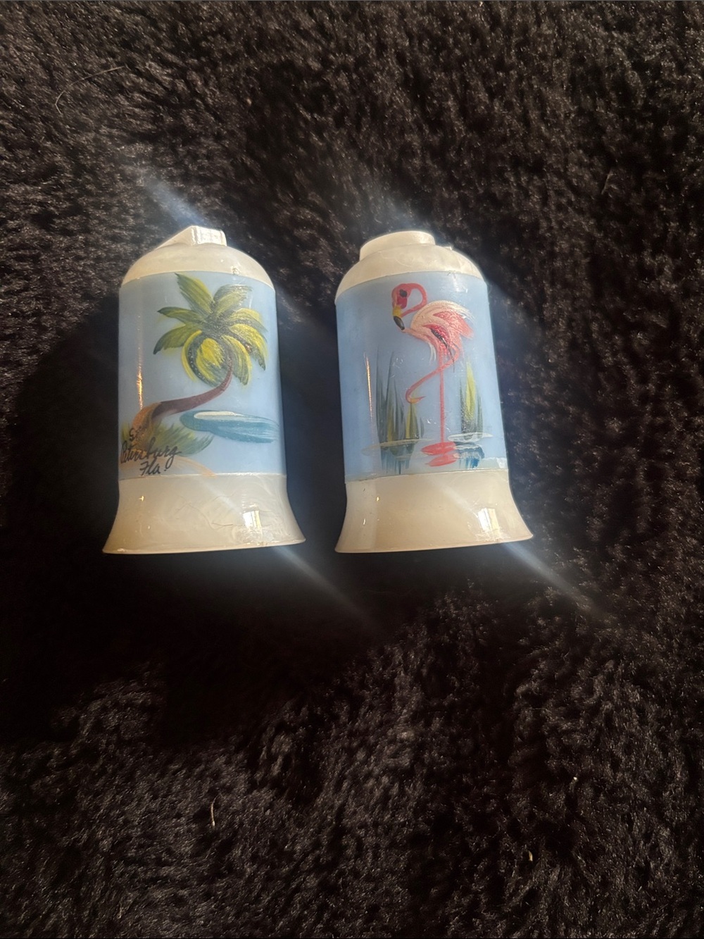St Petersburg Hand Painted Flamingo/Palm  plastic Salt and Pepper Shakers - Blue
